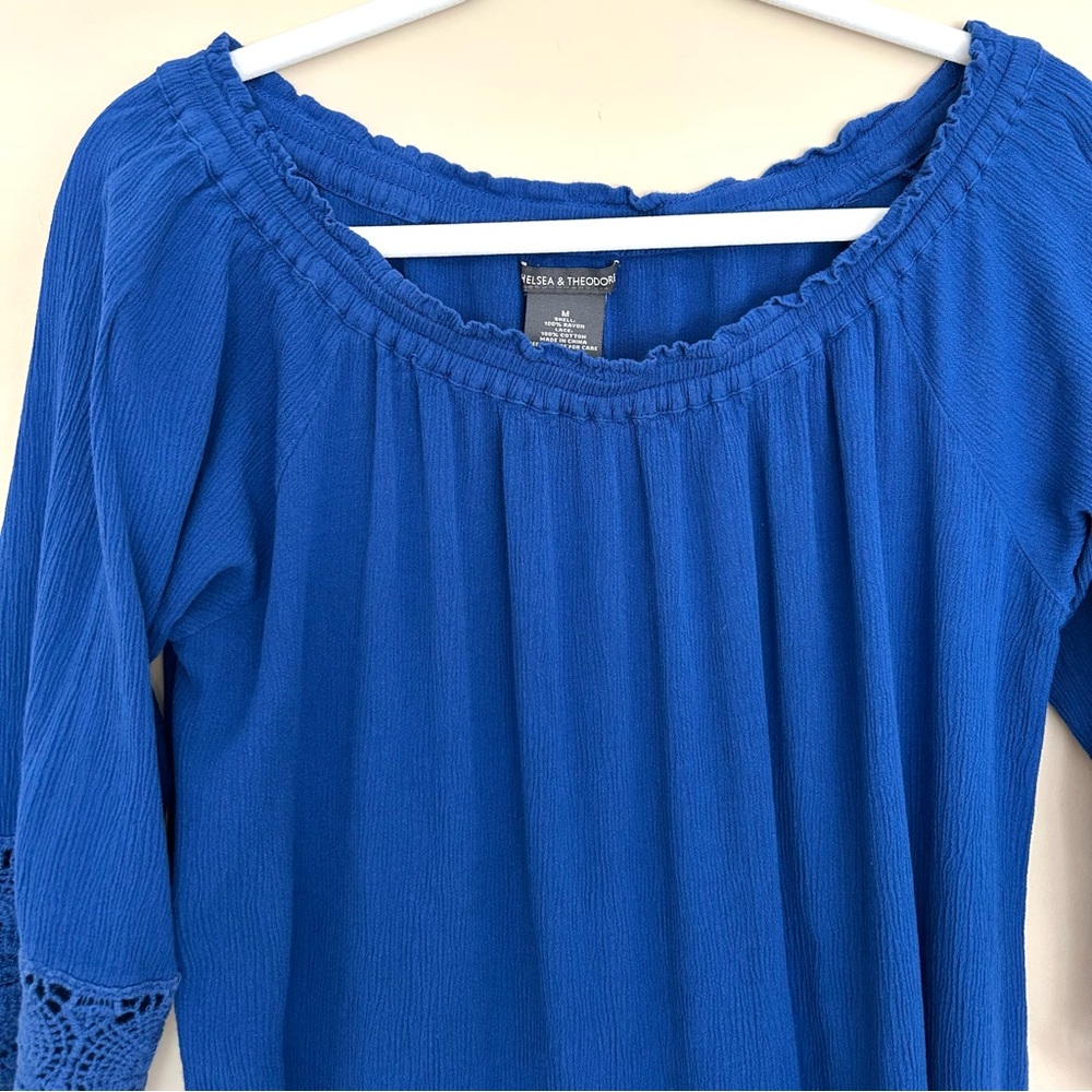 Chelsea & Theodore Royal Blue Lace Crochet Sleeve Peasant Top - Picture 2 of 8